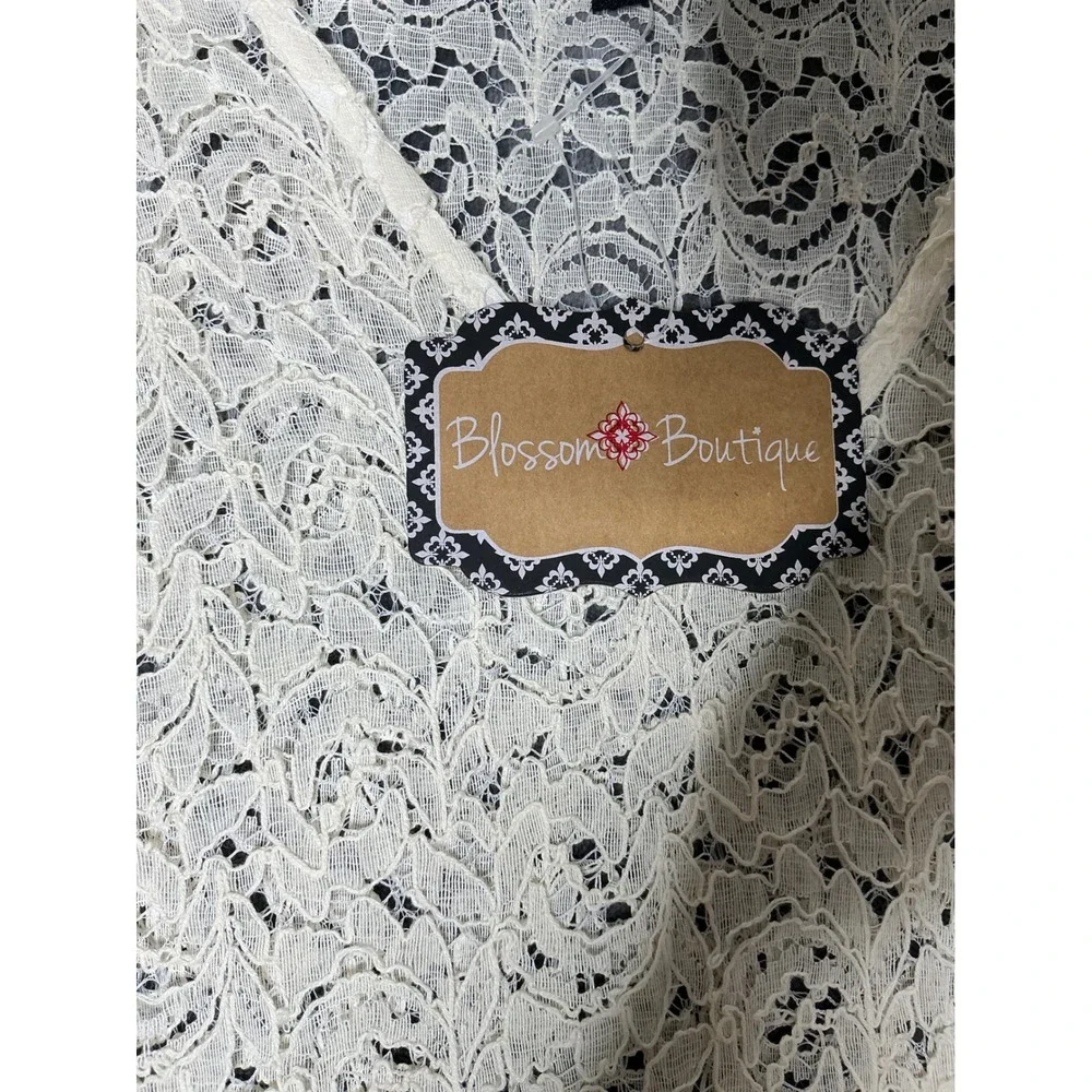 Blossom Boutique Ivory Floral Lace V-Neck Cover-Up Dress 3/4 Sleeve Cream Large